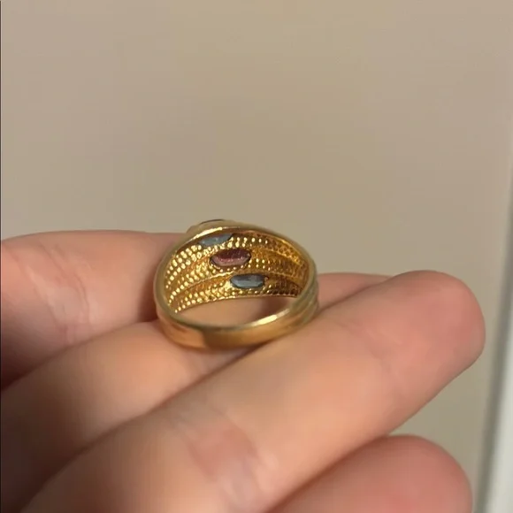 14k Solid Yellow Gold Blue & Pink Topaz Asymmetrical Stacked Ring